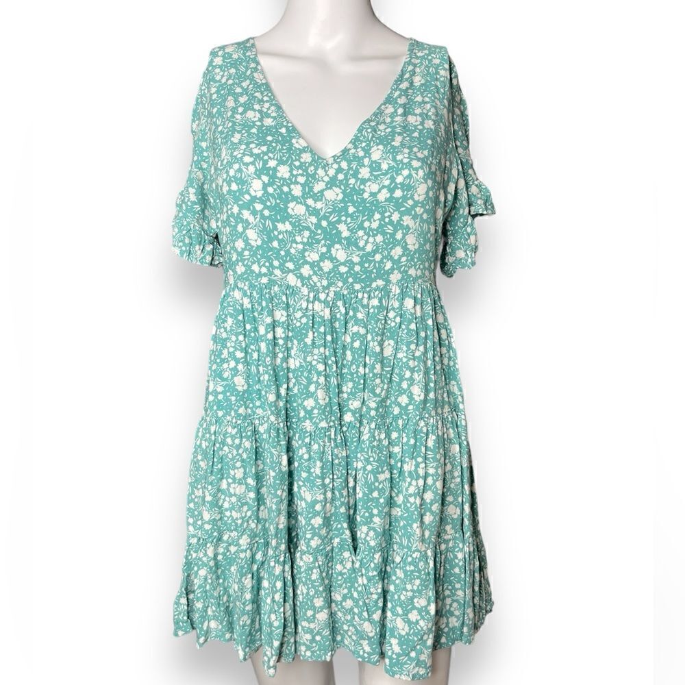 Who I am Short Sleeve Floral Mini Dress Green and White Size Medium